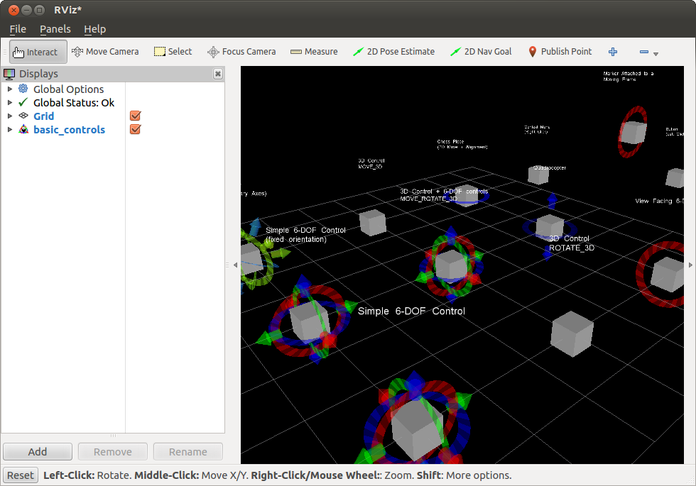 The basic_controls tutorial showing in RViz