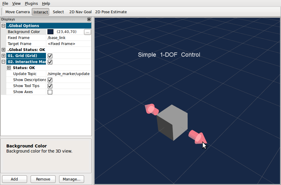 The simple_marker example showing in RViz